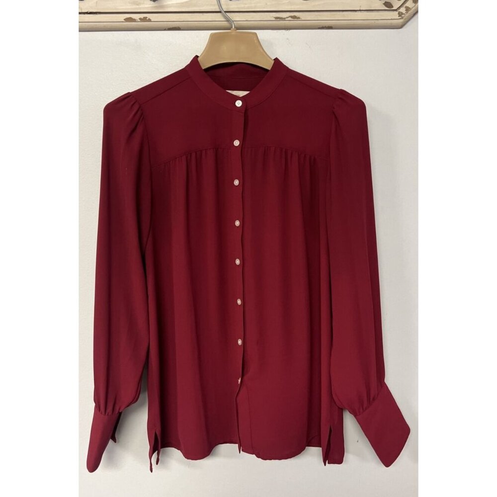 Loft Womens Burgundy Button-Front Blouse Long Sleeves & Mandarin Collar XS